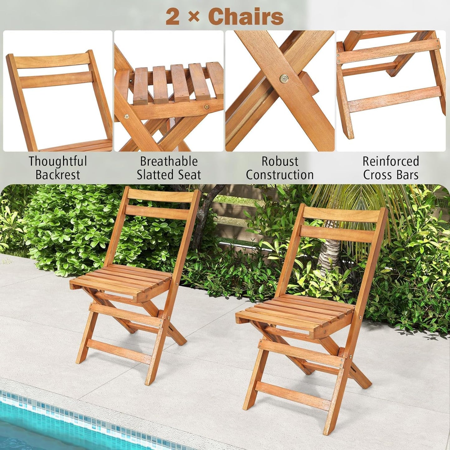 GiantexUK 3PCS Folding Bistro Set, Solid Acacia Wood Table and Chairs with Slatted Tabletop