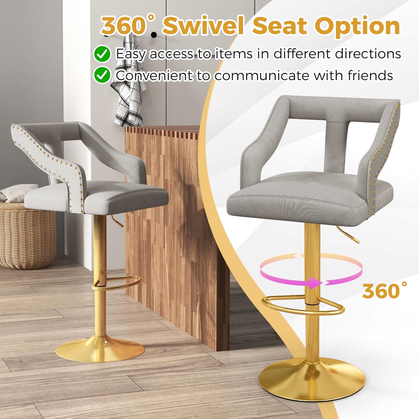 Bar Stools Set of 2, Height Adjustable Swivel Counter Stools Dining Chair with Swivel Gas Lift, Gray + Gold