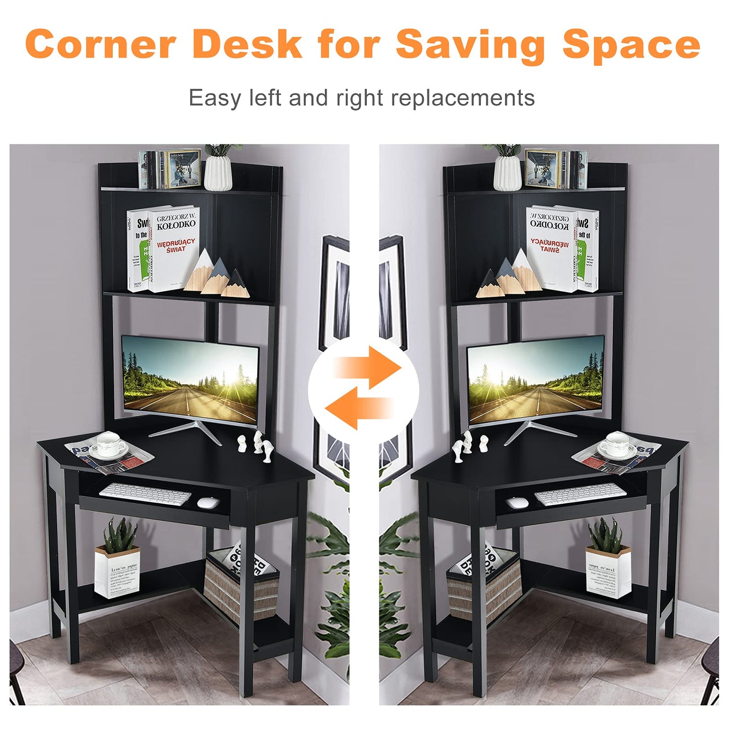 Corner Computer Desk with Top Bookshelf, Keyboard Tray and Storage Shelves, Space Saving Triangle PC Laptop Table