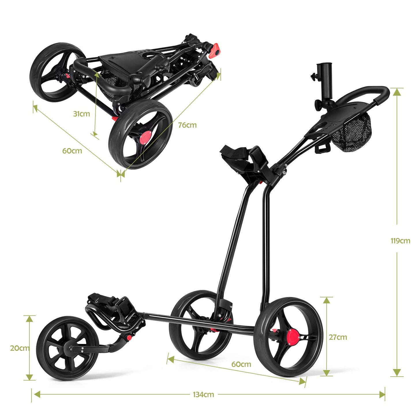 Folding Golf Push Pull Cart, Lightweight 3 Wheels Golfs Trolley with Foot Brake