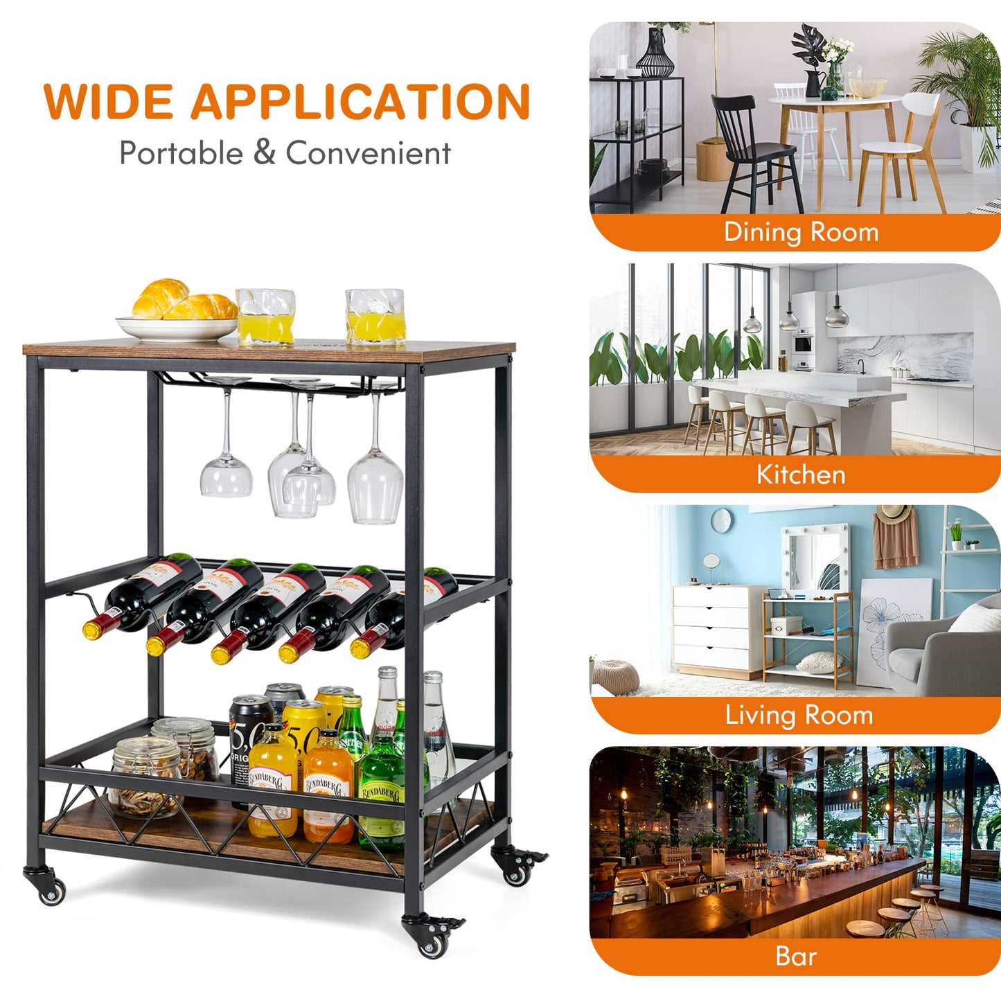 GiantexUK Kitchen Storage Trolley on Wheels, Rolling Bar Cart with 2 Glass Holders & Wine Rack