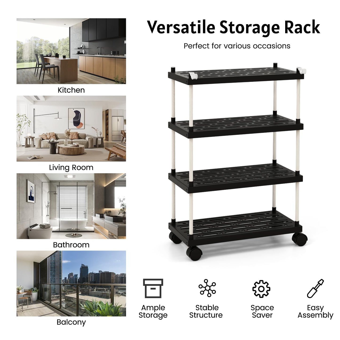 GiantexUK 4 Tier Service Cart, Slide-Out Kitchen Storage Trolley with Wheels and Hooks, Metal Frame Rolling Utility