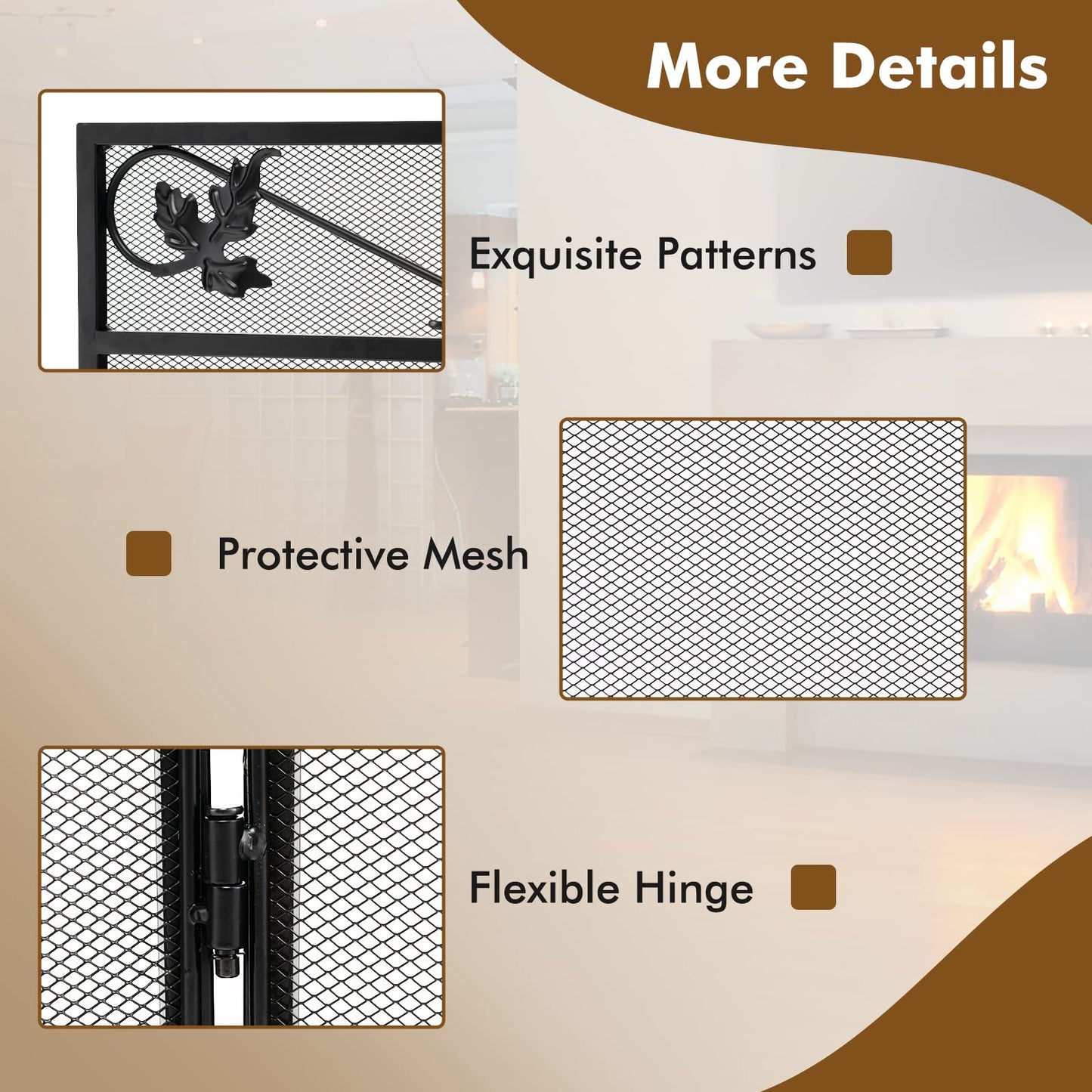 GiantexUK 3-Panel Folding Fire Guard, Metal Mesh Fireplace Screen, Heavy Duty Freestanding Spark Guard Safety Barrier