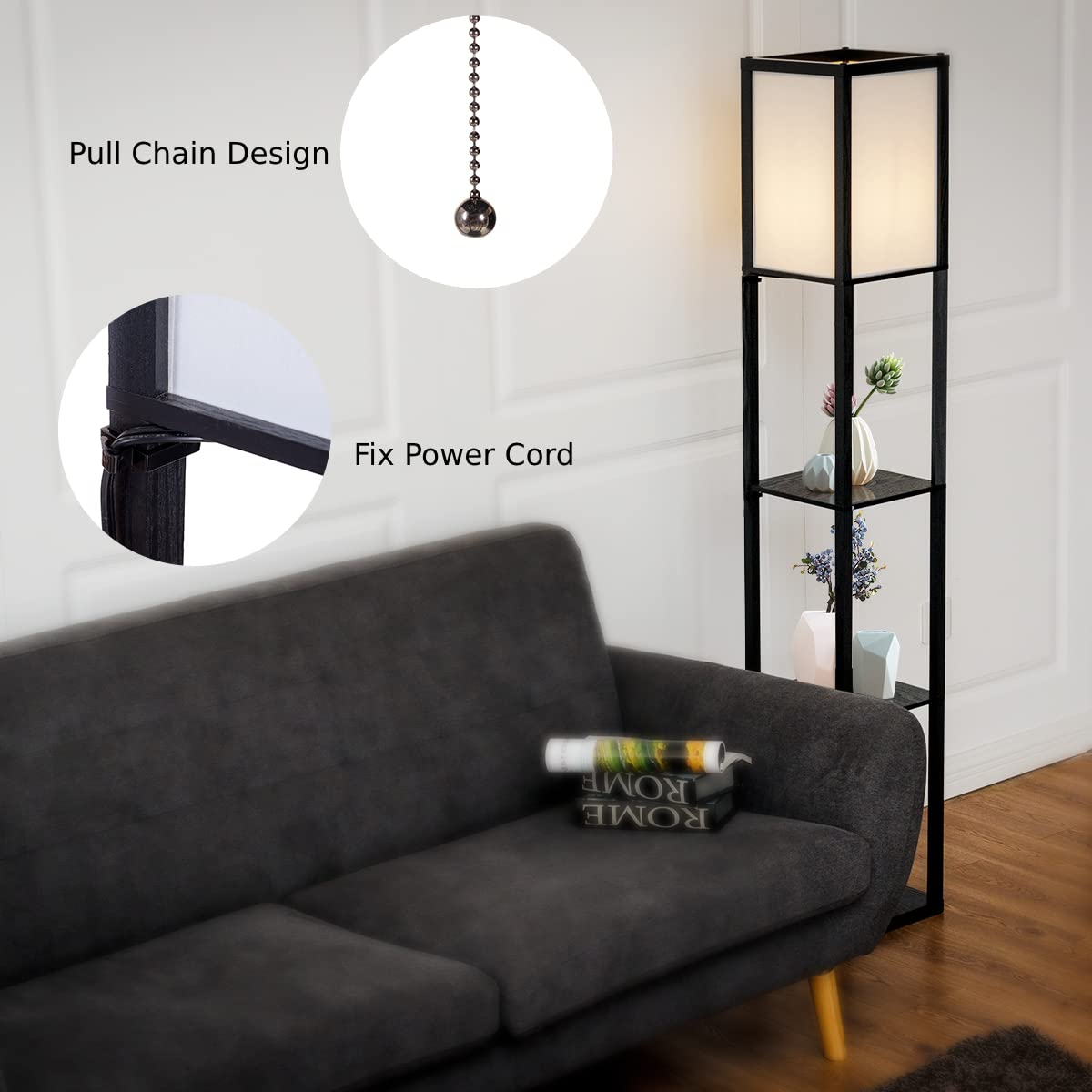 GiantexUK Floor Lamp with Shelves, 3 Layers Tall Standing Light, Modern Reading Lamp for Living Room Bedroom Office (Without Grid Patterns)