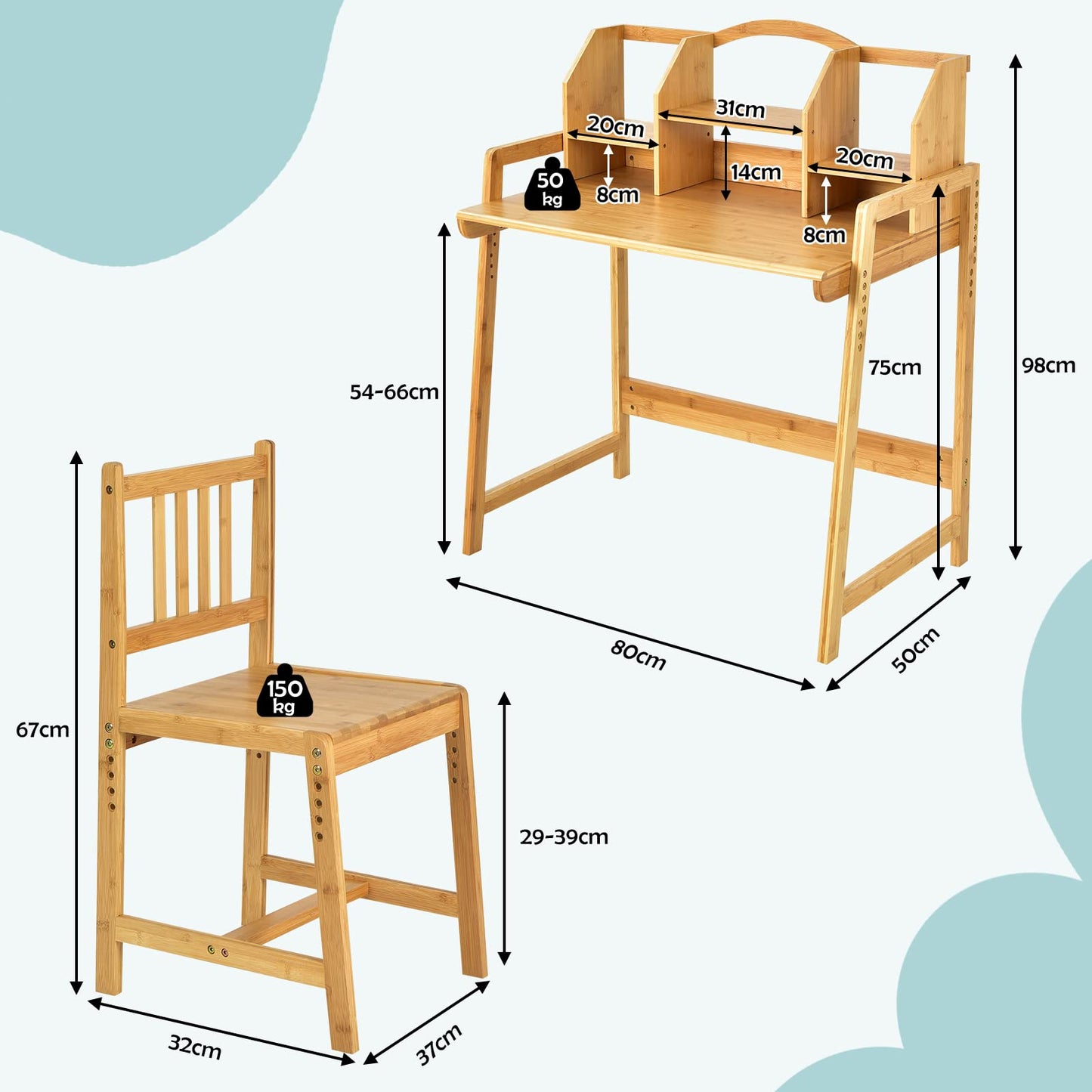 Bamboo Kids Desk and Chair Set, Height Adjustable Children Study Table and Chair with Bookshelves