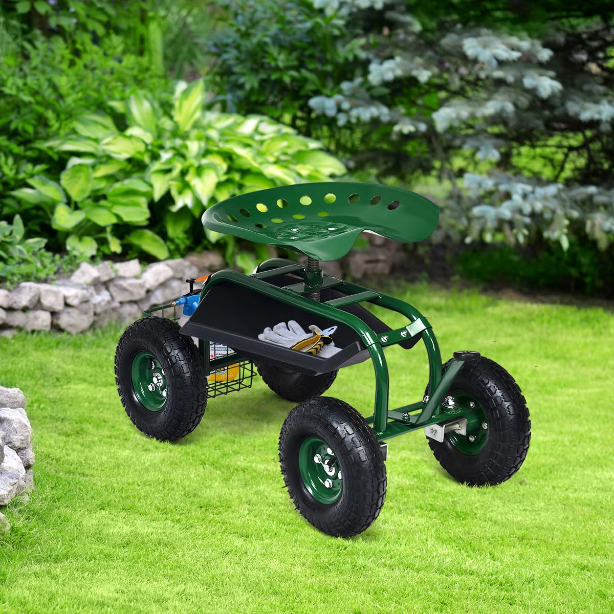 GiantexUK Adjustable Rolling Garden Cart, Swivel Gardening Trolley Planting Station Seat with Tool Tray & Basket