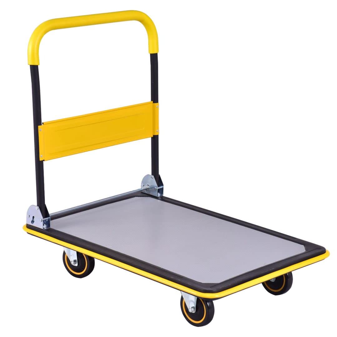 GiantexUK Folding Hand Sack Truck, 300KG Capacity Heavy Duty Platform Trolley with Wheels & Handle (91x61x89cm, 300KG, Yellow+Black)