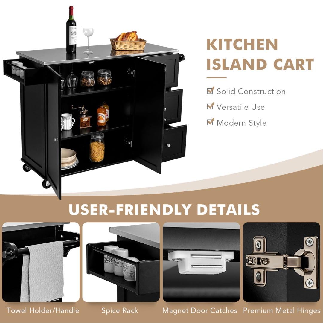 GiantexUK Kitchen Island on Wheels, Wooden Storage Cabinet Trolley with Stainless Steel Countertop