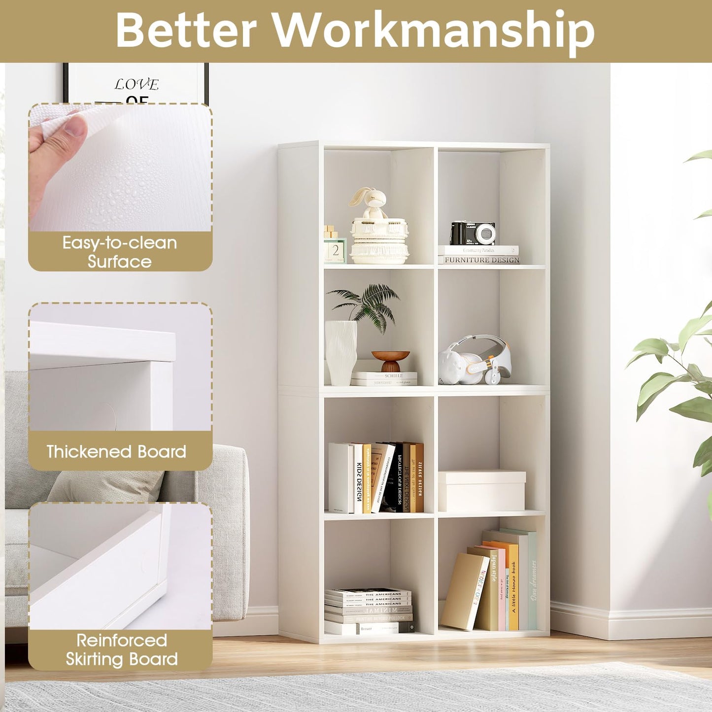 4 Cube Bookcase, Wooden Bookshelf Open Display Shelving Unit with Anti-Tipping Device (White, 70 x 33 x 70cm)