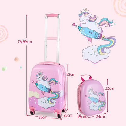 2 Pcs Kids Luggage Set, 12'' Backpack and 18'' Suitcase Children Boys Girls Travel School Trolley Case on Wheels (Unicorn, Pink)