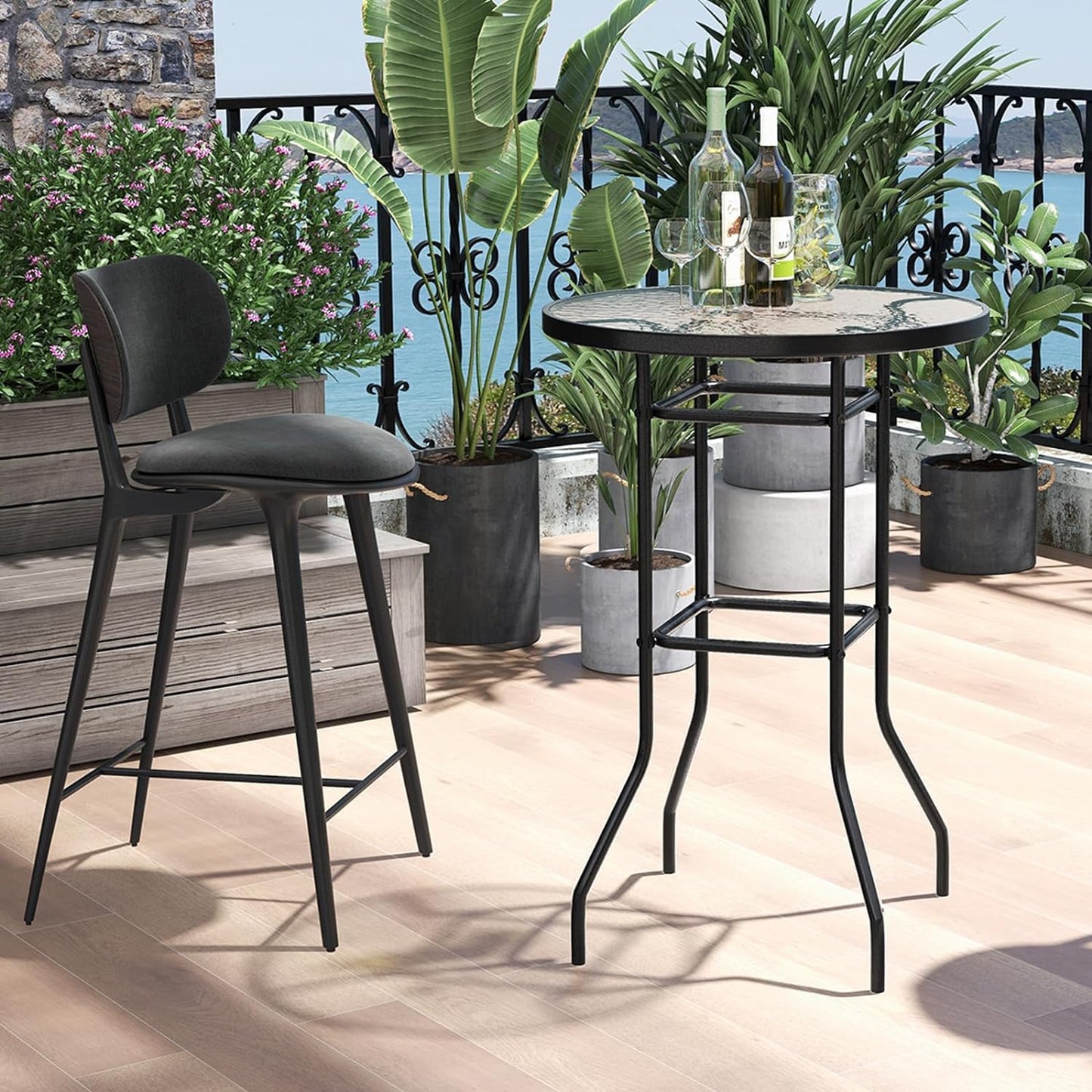 GiantexUK Patio Bar Table with Tempered Glass Tabletop and Heavy-duty Metal Frame