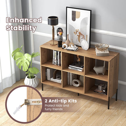 6 Cube Storage Bookcase, Wooden Freestanding Bookshelf Side Cabinet with Adjustable Shelves and 5 Metal Legs, 120x35x78cm