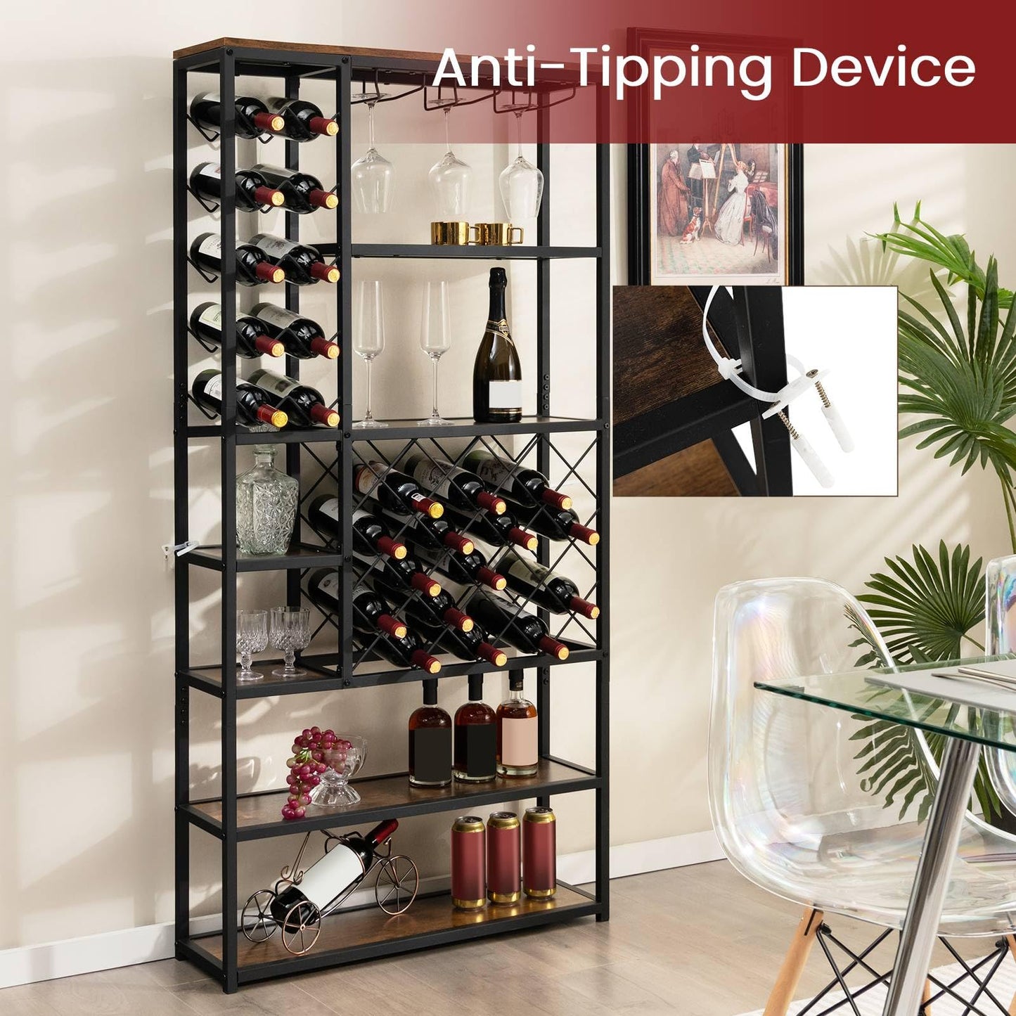 GiantexUK 27 Bottles Wine Rack, 6-Tier Freestanding Wine Bar Cabinet with Storage Shelves