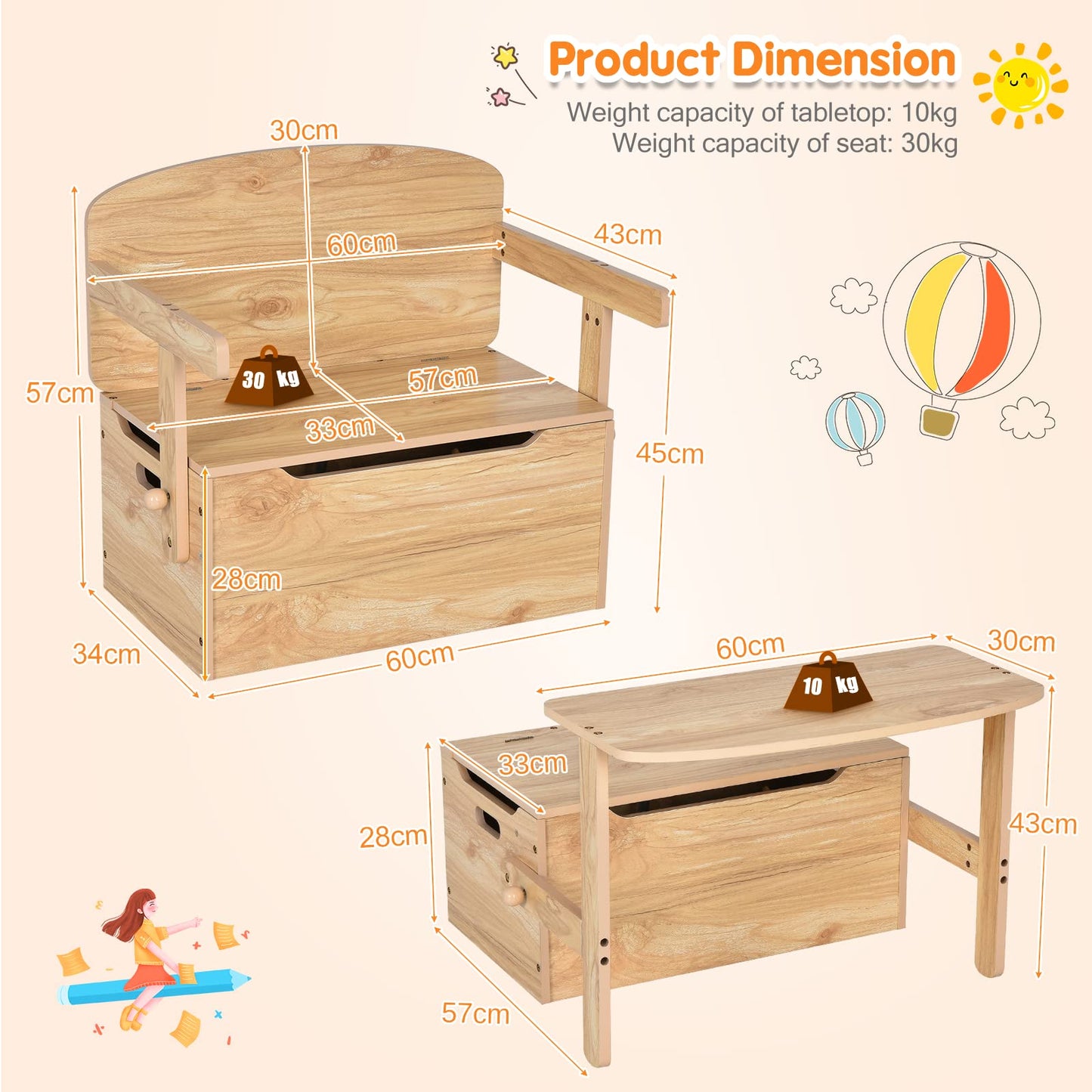 Wooden Toy Box, 3-in-1 Convertible Kids Bench/Desk Chair Set/Storage Chest with Lid