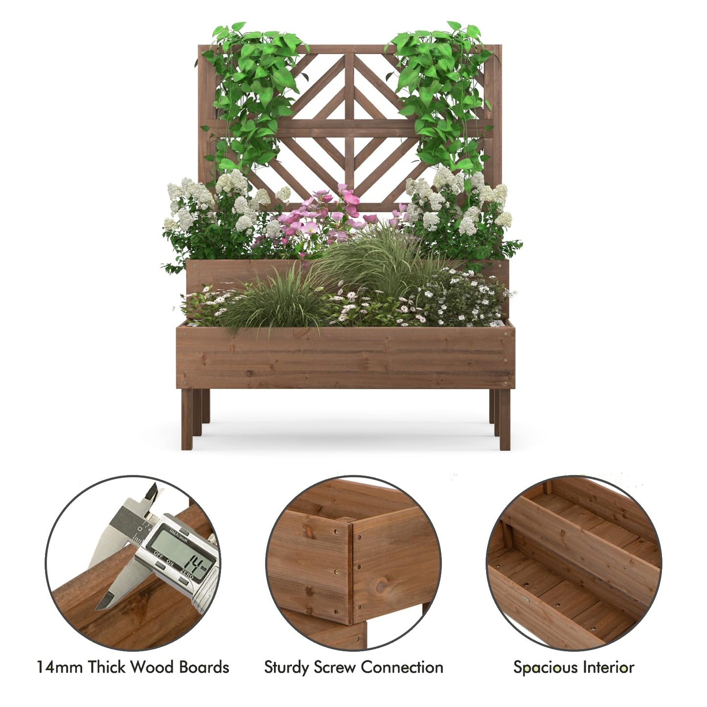 GiantexUK 2-Tier Garden Garden Bed with Trellis, Wood Garden Planter with Drainage Hole