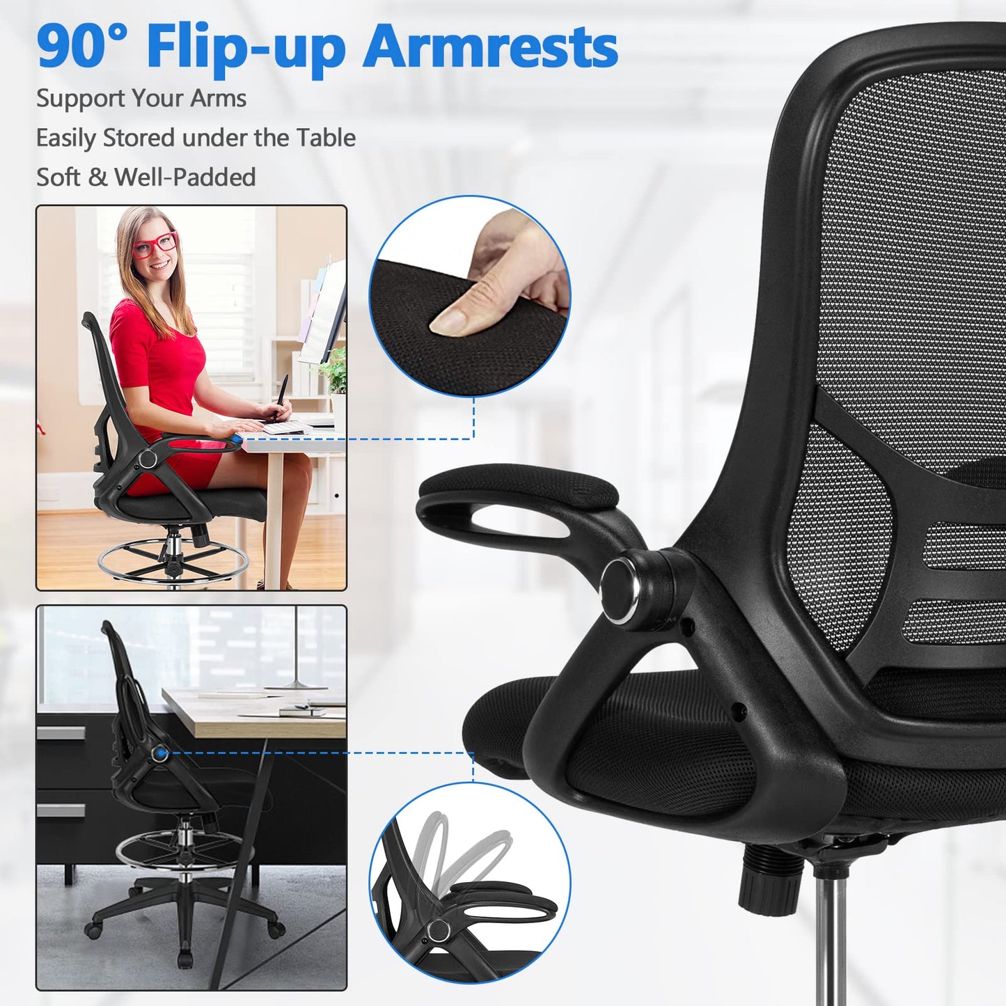 Mesh Drafting Chair, Ergonomic Swivel Office Chair with Adjustable Footrest (with Flip-up Armrests, Black)