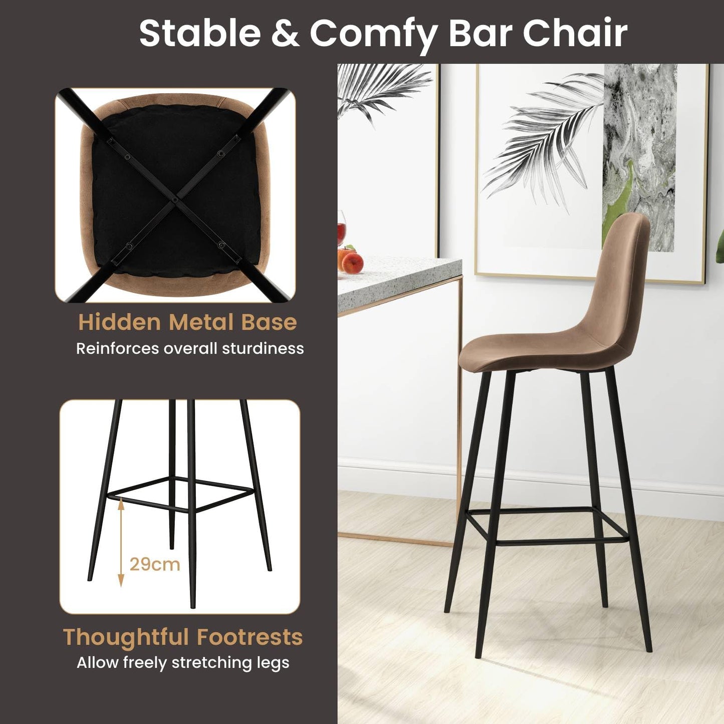 GiantexUK Bar Stools Set of 2, Velvet Upholstered Kitchen Bar Chairs with Backrest & Footrest