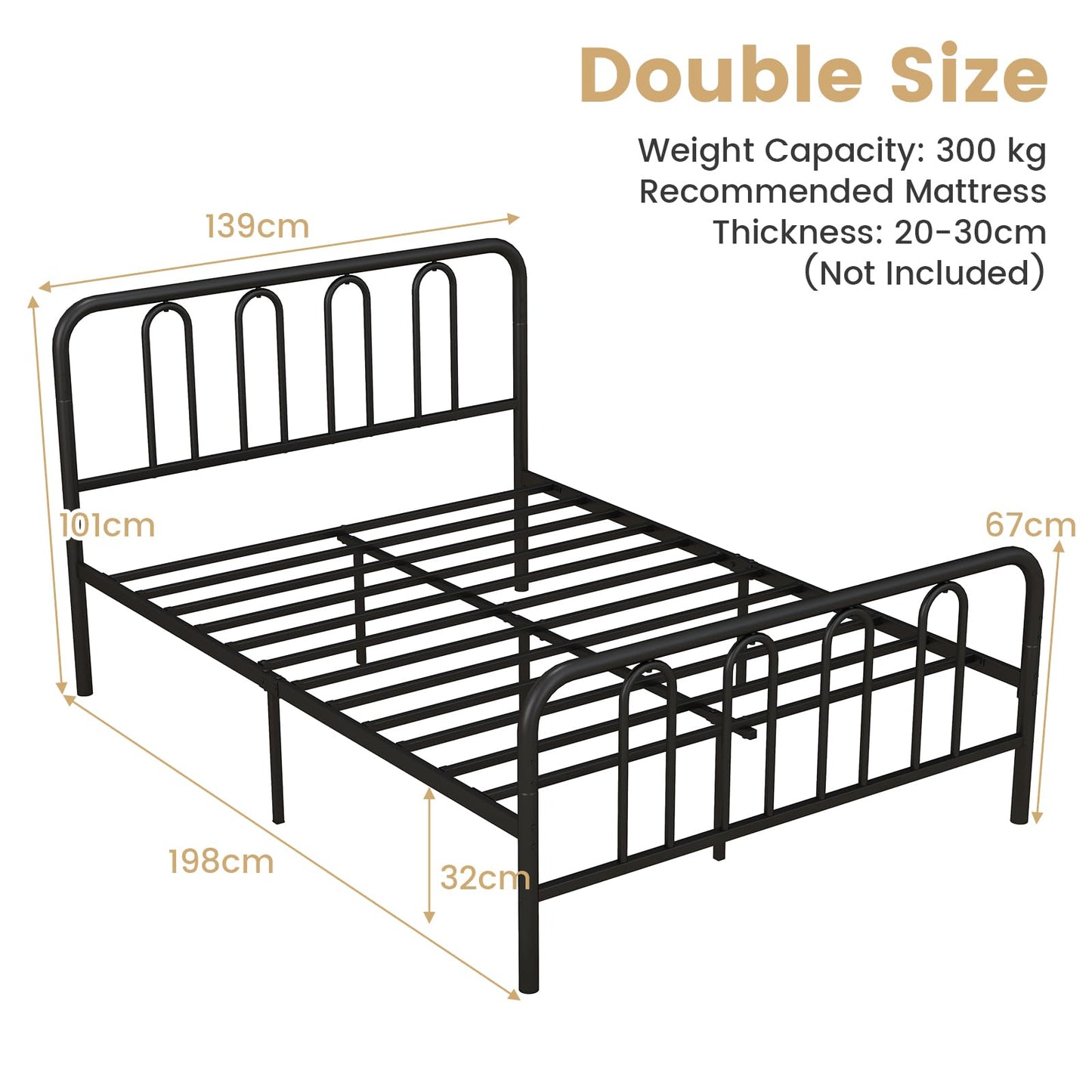 Double/King Size Metal Bed Frame, 4FT6/5FT Platform Bed Frame with Headboard, Footboard and 32cm Underbed Storage