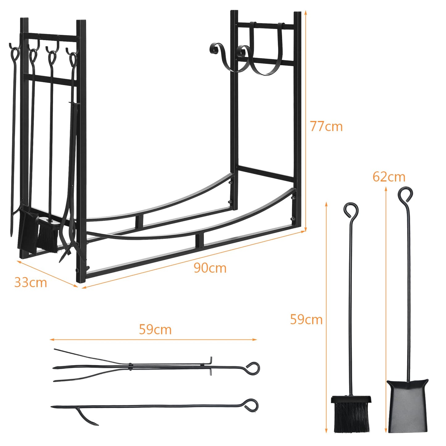 GiantexUK Heavy Duty Firewood Rack, Black Metal Frame Log Baskets with Fireplace Tool Set, Indoor Outdoor Wood Storage Holder(90 x 33 x 77cm)