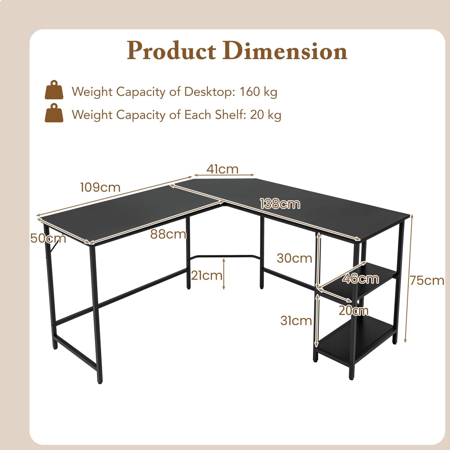 L-Shaped Computer Desk, Large 2-Person Corner Writing Workstation PC Laptop Table, 138 x 138 x 75cm