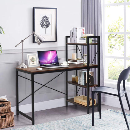 Computer Desk, Steel Frame Wooden Writing Workstation PC Laptop Table with 4-Tier DIY Storage Shelves