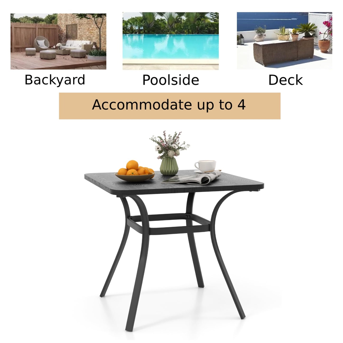 GiantexUK Outdoor Garden Dining Table, Metal Square Table with Wood-like Tabletop