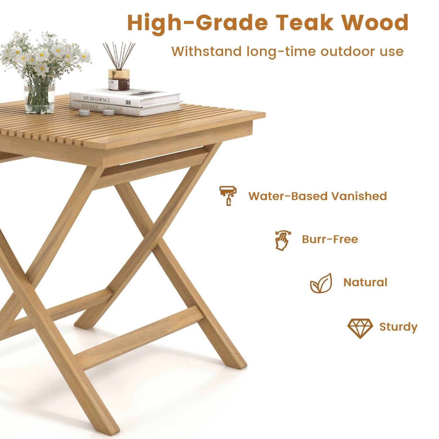 GiantexUK Bistro Set, Folding Teak Wood Table and Chairs with Rattan Back, Armrests & Slatted Tabletop