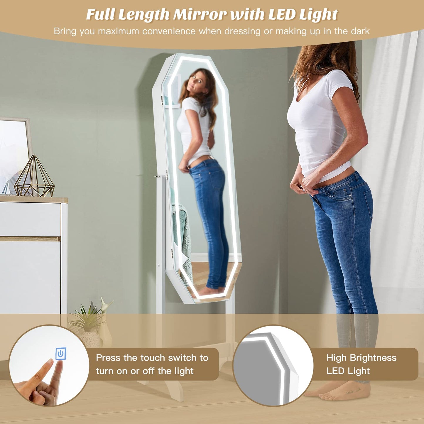 LED Mirror Jewelry Cabinet, Full Length Mirror Free-Standing Jewelry Armoire