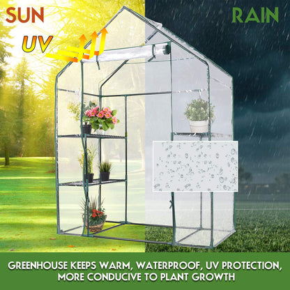 GiantexUK Walk In Greenhouse, 3 Tier Grow House with 4 Mesh Shelves, PVC Cover & Zippered Roll up Door