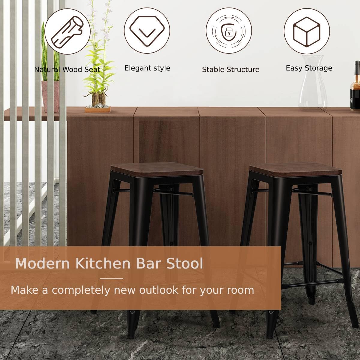 GiantexUK Bar Stools Set of 4, 64 CM Stackable Metal Frame Kitchen Chairs with Elm Wood Seat