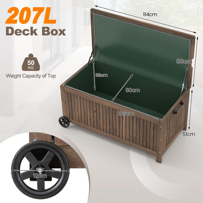 GiantexUK 207L Garden Storage Box, Waterproof Fir Wood Deck Box with Wheels, Removable Inner Liner, Sit-on Lid & Handle