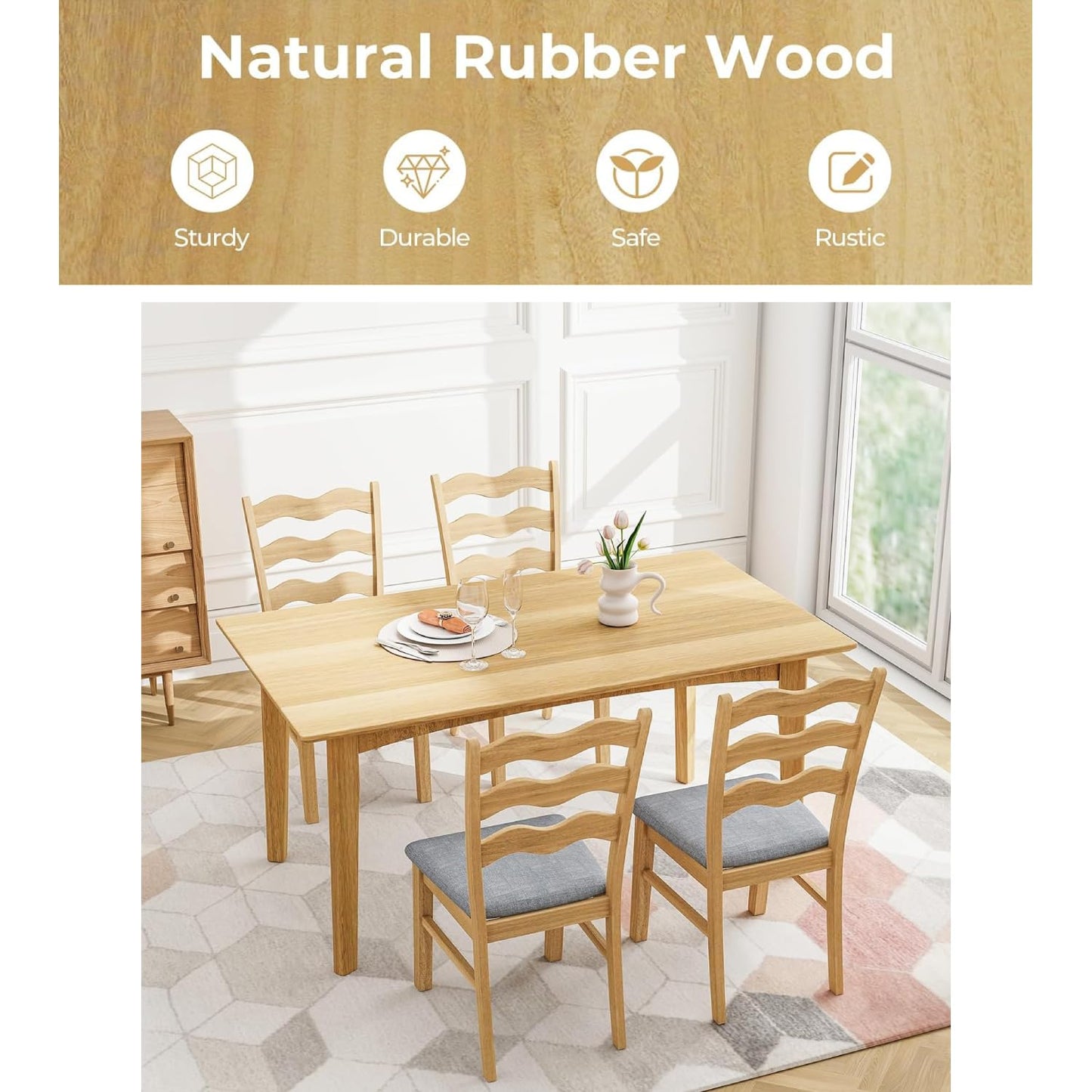 GiantexUK Dining Chairs Set of 2, Padded Rubber Wood Kitchen Counter Chairs (Wave Pattern, Natural)