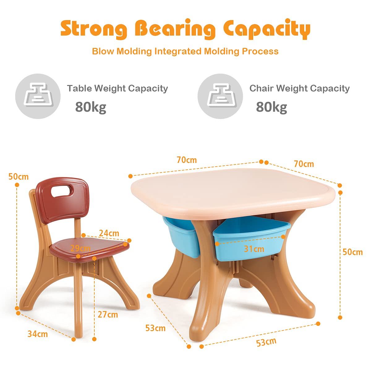 Kids Table and Chairs Set, Children Activity Art Table and 2 Chairs Set with Detachable Storage Bins