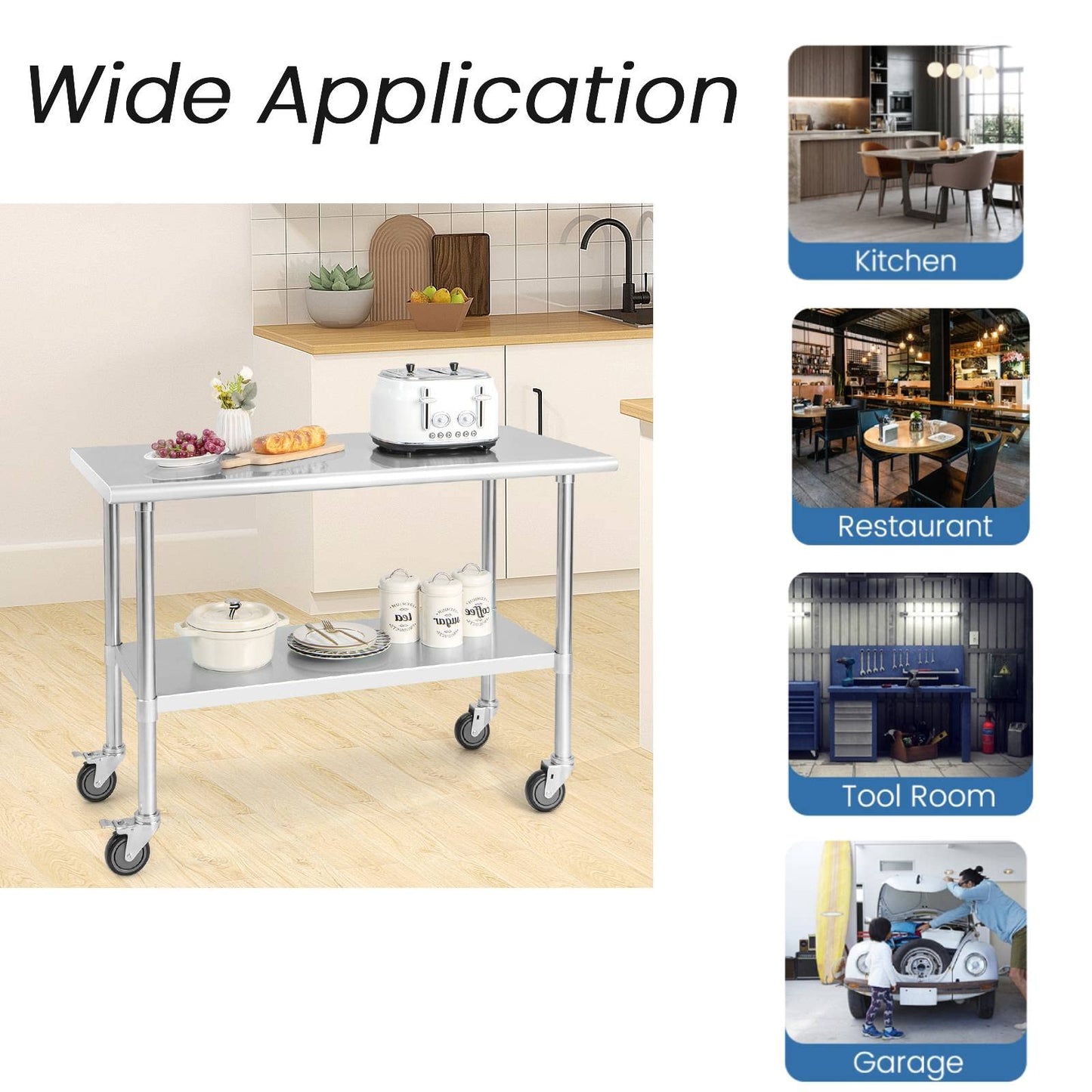 GiantexUK Stainless Steel Catering Table, 122 x 61 x 89 cm Rolling Commercial Work Table with 4 Wheels & Flexible Adjustment Shelf