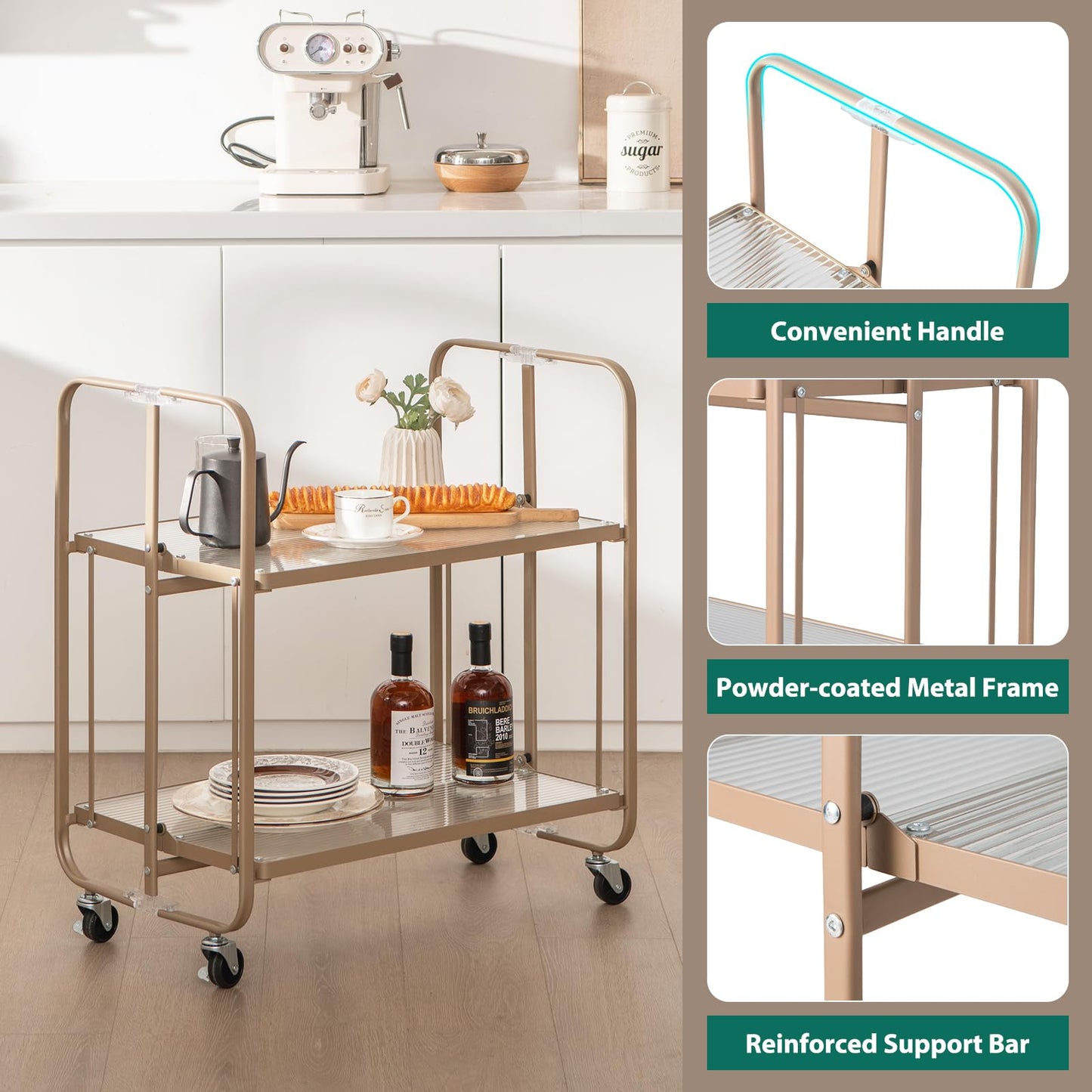 GiantexUK 2-Tier Folding Kitchen Trolley, Metal Frame Rolling Utility Cart with Lockable Wheels