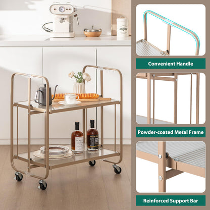 GiantexUK 2-Tier Folding Kitchen Trolley, Metal Frame Rolling Utility Cart with Lockable Wheels