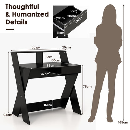 Computer Desk, Wooden Study Table Writing Workstation with Monitor Stand