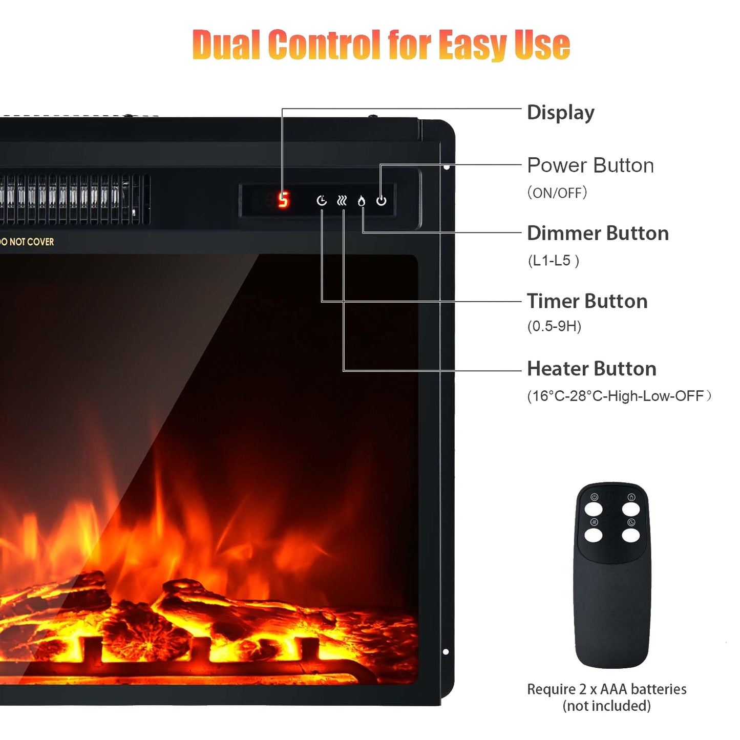 GiantexUK 19” Recessed Electric Fireplace, Recessed Wall Mounted Freestand Fire Heater with LED Flame Color, 5 Brightness, Remote Control