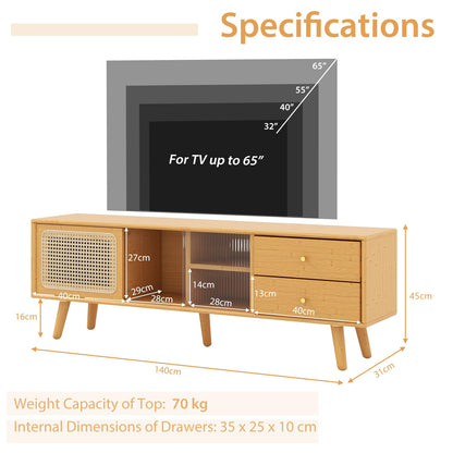 TV Stand for TVs up to 55"/65", Bamboo TV Cabinet Media Entertainment Center with Sliding Rattan & Glass Doors (140cm for 65" TVs)