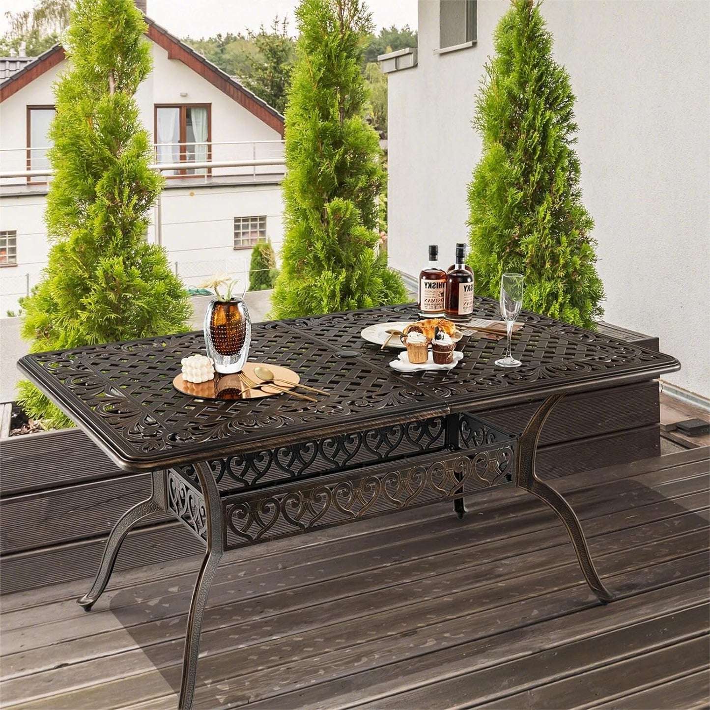 GiantexUK Outdoor Large Dining Table, 150 x 90CM Cast Aluminum Rectangular Table with 4/5CM Umbrella Hole & Hollow Pattern