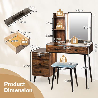 Dressing Table and Stool Set with 3-Color LED Lights Mirror, Drawers, Shelves & Charging Station, Rectangular Mirror