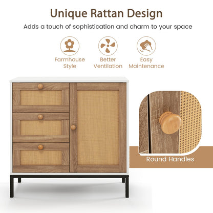 GiantexUK Rattan Kitchen Sideboard, Wooden Freestanding Cupboard with 3 Drawers, Door Cabinet & Metal Legs