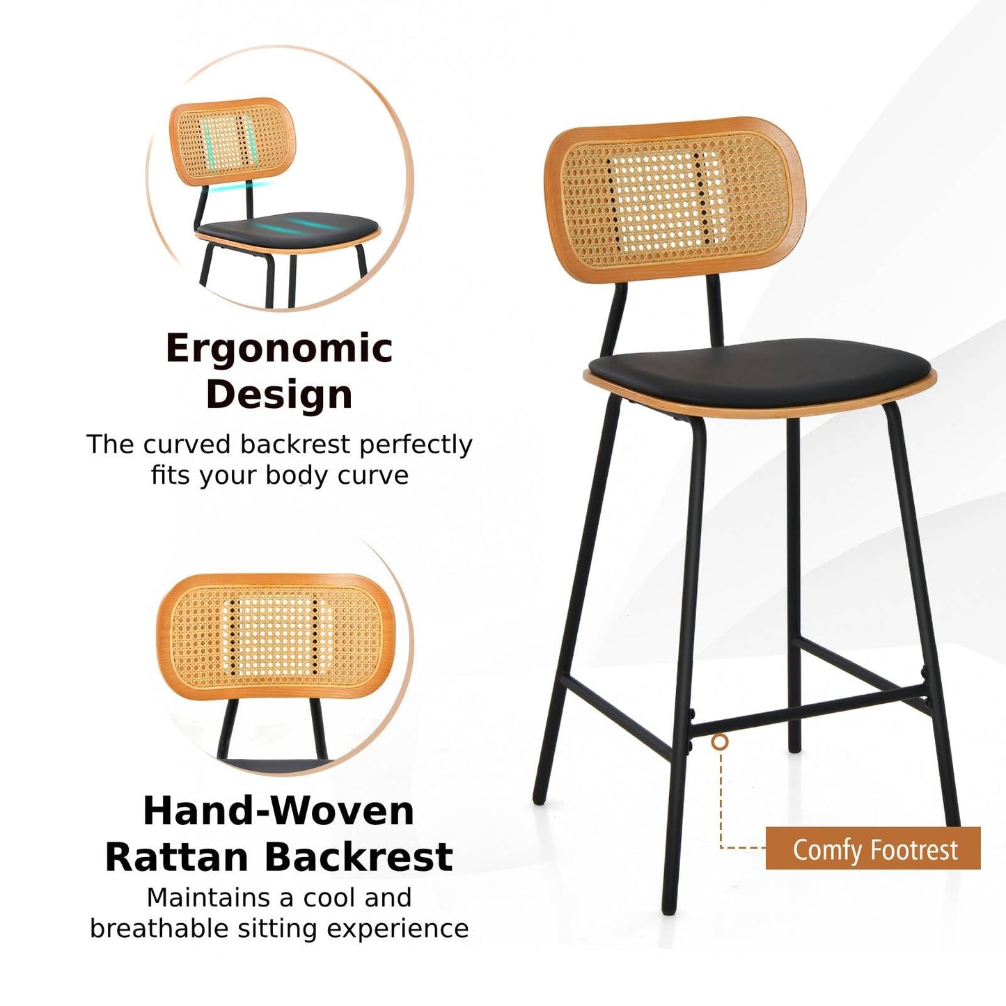 GiantexUK Bar Stools Set of 2, PU Leather Upholstered Barstools with Rattan Backrest, for Kitchen Dining Living Room Office