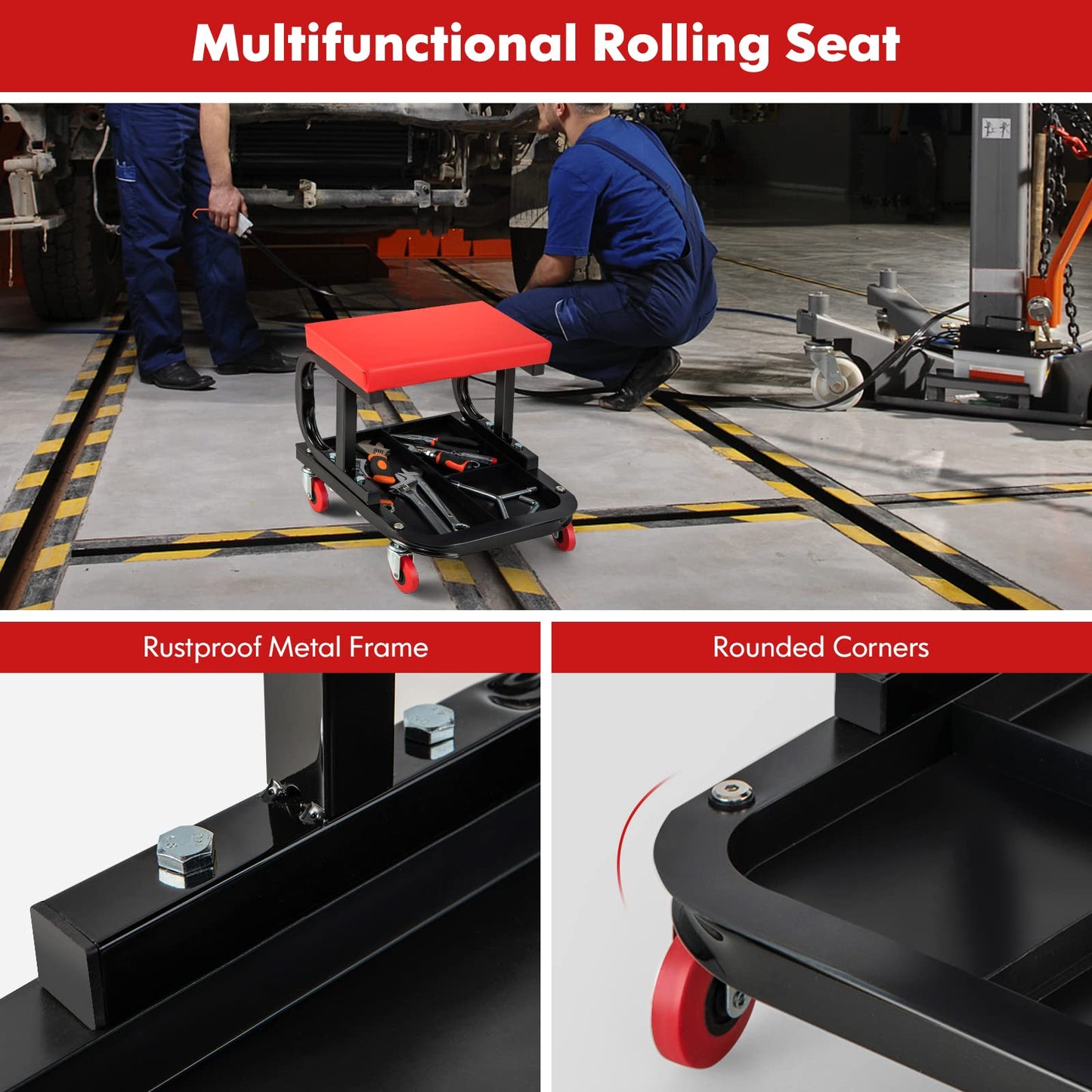 GiantexUK Rolling Mechanic Stool, Padded Creeper Trolley Seat with 4 Swivel Casters and Segmented Tool Tray Storage