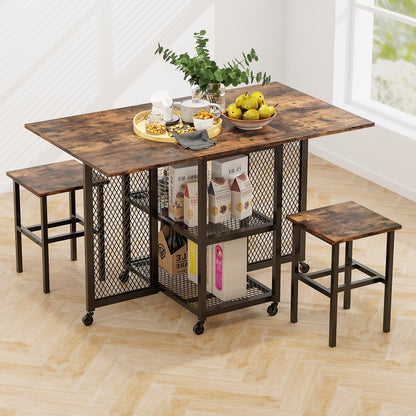 GiantexUK 3 PCS Folding Dining Table and Stools Set, Drop Leaf Dining Room Set with 2-Tiers Storage Shelves & 6 Wheels