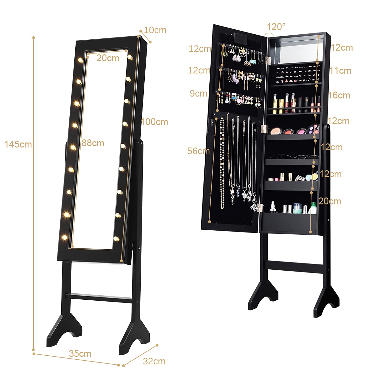 Jewellery Cabinet, LED Light Jewellery Standing Mirror Lockable Armoire