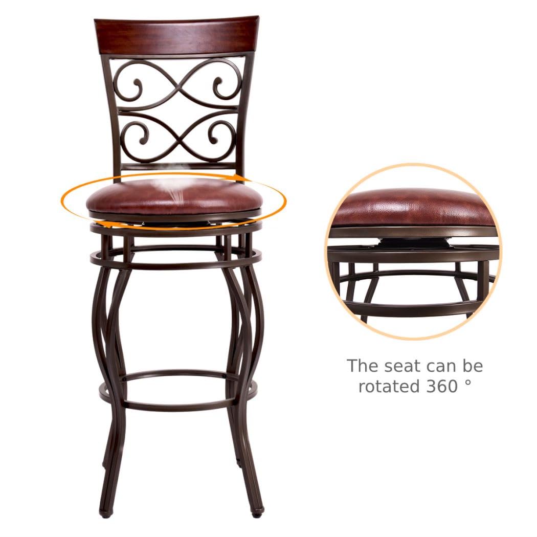 Set of 2 Retro Bar Stools, 360° Swivel PU Leather Padded Bar Chairs with Backrest & Footrest