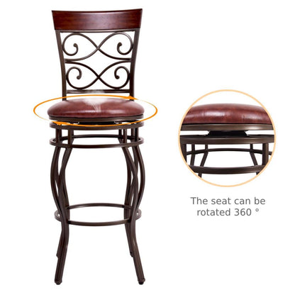 Set of 2 Retro Bar Stools, 360° Swivel PU Leather Padded Bar Chairs with Backrest & Footrest