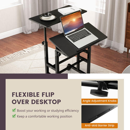 Height Adjustable Standing Desk, Mobile Laptop Table Computer Desk with Flip-over Desktop and Wheels