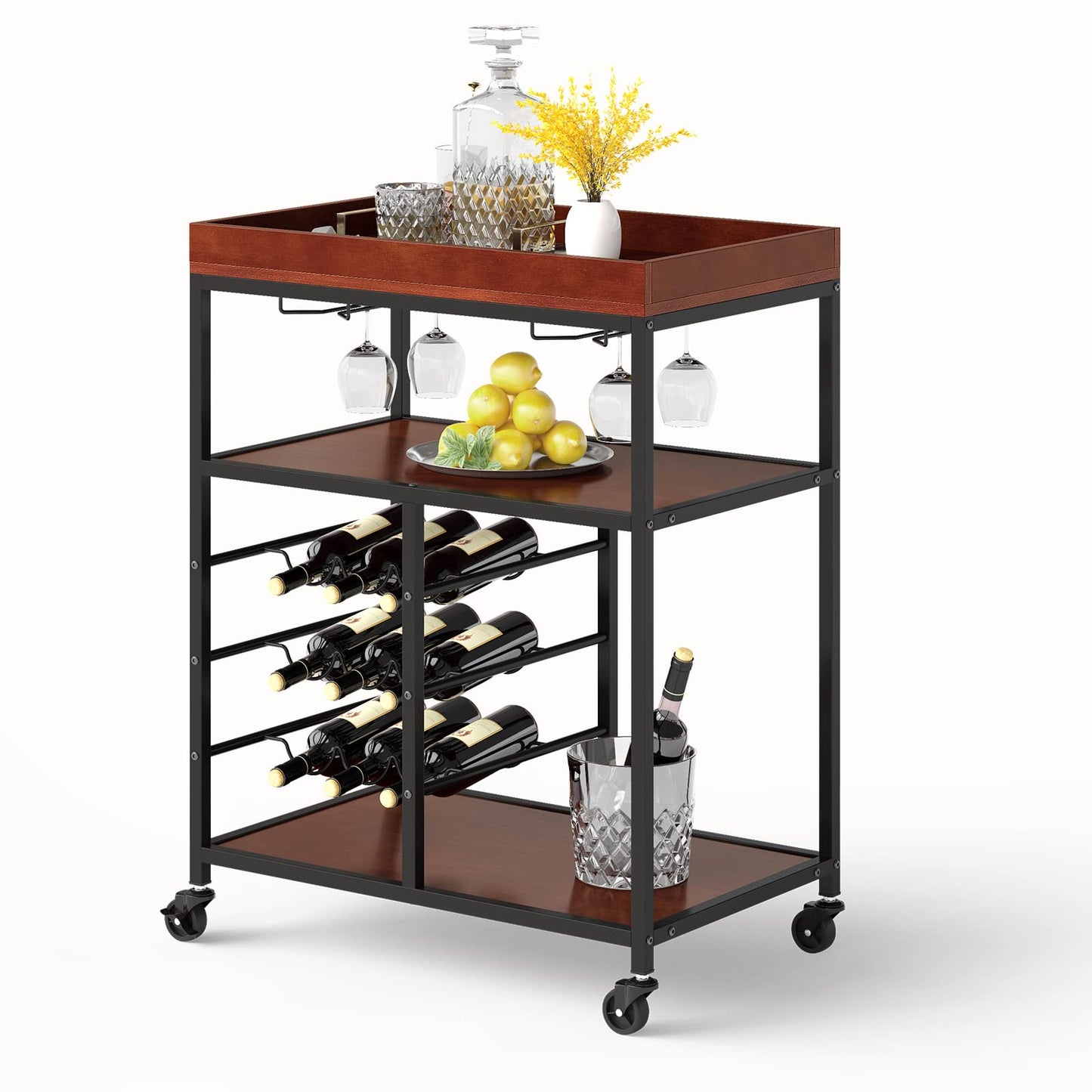 GiantexUK Kitchen Serving Cart, 3 Tier Rolling Cart Trolley with Wine Rack and Handle (3 Tiers Wine Rack, 71 x 45 x 93cm)